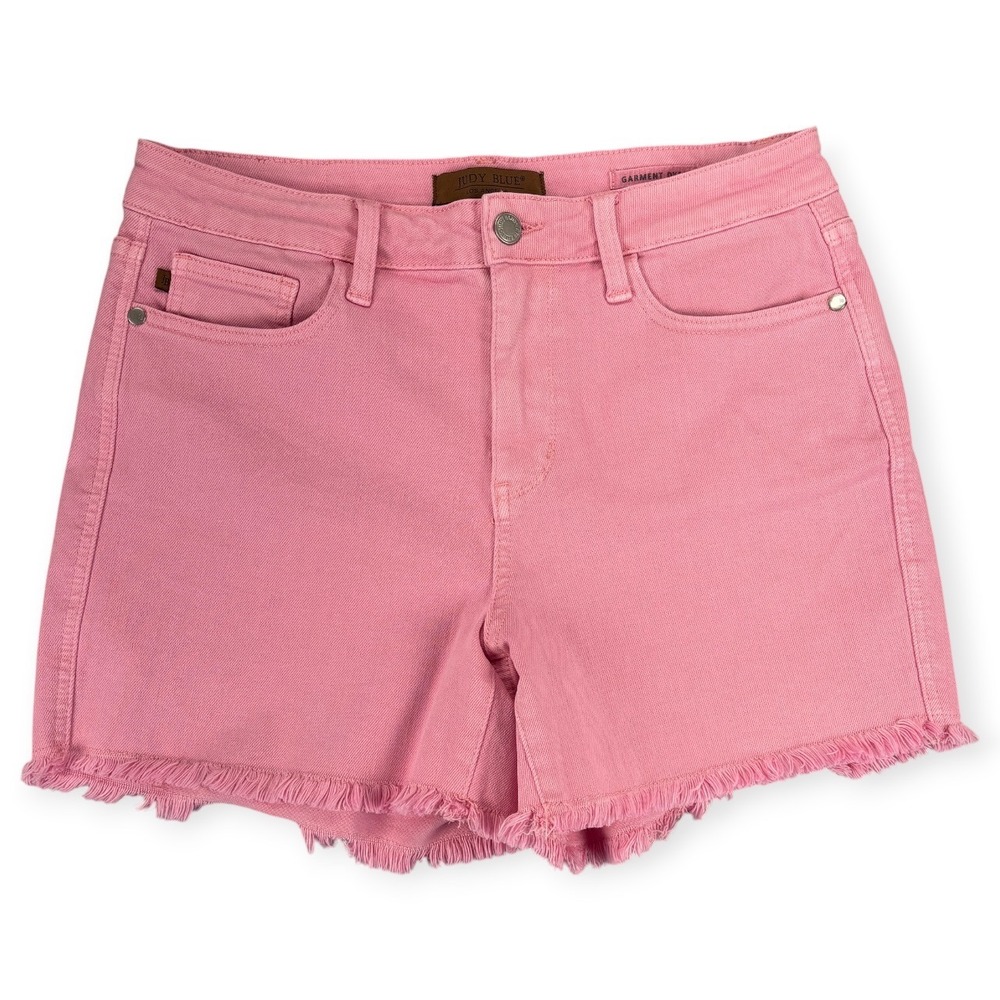 Judy Blue Bubblegum Pink Denim Shorts L Raw Hem Barbiecore Coquette Y2K Festival